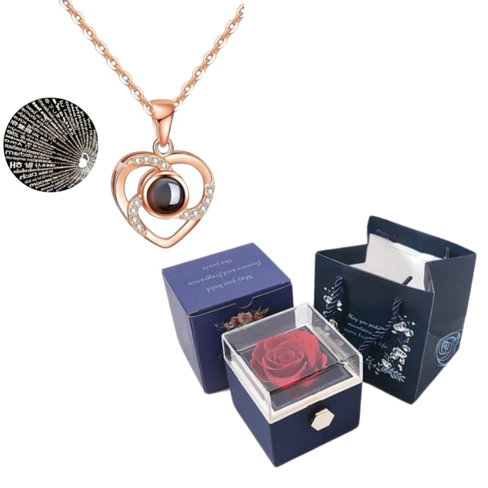 CAJA DE ROSA ETERNA Y COLLAR "100 te amo"