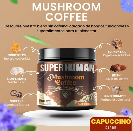 Mushroom Coffee - Café Instantáneo con 6 Hongos Funcionales Súper Alimentos (180 Gramos / 30 Porciones)